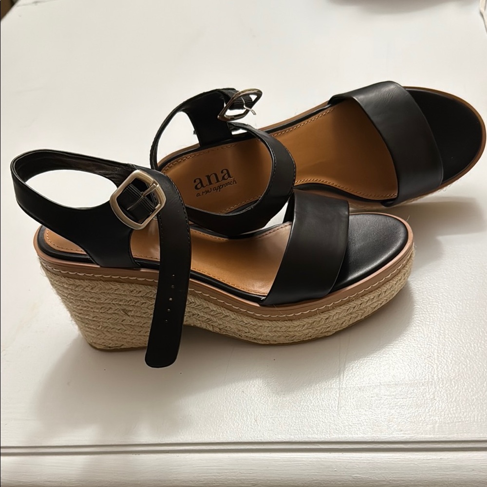 a.n.a Black Wedge Sandals with Adjustable Ankle Strap